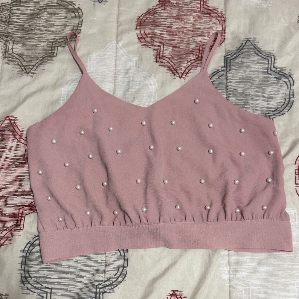 SHEIN Pink Pearl Embellished Crop Top